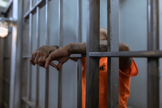 pexels-photo-6069351-6069351 A tattooed inmate's arms rest on jail cell bars, wearing an orange uniform inside a prison.
